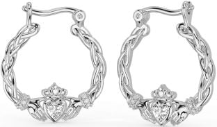 Diamond Silver Celtic Claddagh Pearl Dangle Earrings
