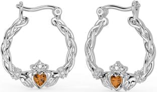 Diamond Citrine White Gold Celtic Claddagh Pearl Dangle Earrings