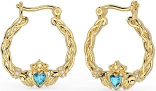 Diamond Aquamarine Gold Celtic Claddagh Pearl Dangle Earrings