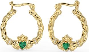 Diamond Emerald Gold Celtic Claddagh Pearl Dangle Earrings