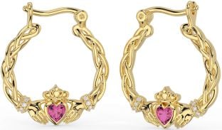 Diamond Pink Tourmaline Gold Celtic Claddagh Pearl Dangle Earrings