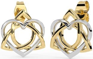 White Yellow Gold Celtic Trinity Knot Heart Stud Earrings
