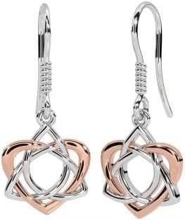 Rose Gold Silver Celtic Trinity Knot Heart Dangle Earrings