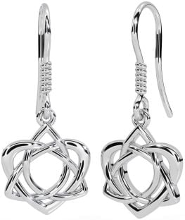 White Gold Celtic Trinity Knot Heart Dangle Earrings