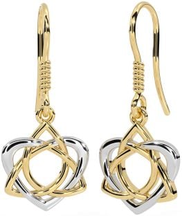 White Yellow Gold Celtic Trinity Knot Heart Dangle Earrings