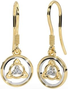 White Yellow Gold Celtic Trinity Knot Dangle Earrings