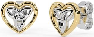 White Yellow Gold Celtic Trinity Knot Heart Stud Earrings
