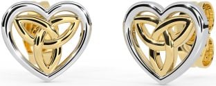 White Yellow Gold Celtic Trinity Knot Heart Stud Earrings