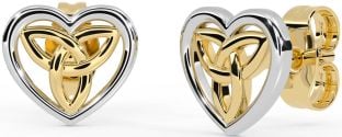 White Yellow Gold Celtic Trinity Knot Heart Stud Earrings