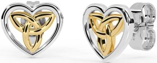 White Yellow Gold Celtic Trinity Knot Heart Stud Earrings