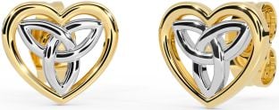 White Yellow Gold Celtic Trinity Knot Heart Stud Earrings