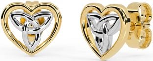 White Yellow Gold Celtic Trinity Knot Heart Stud Earrings