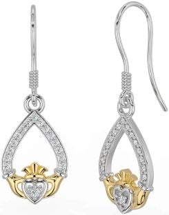 Diamond Gold Silver Claddagh Dangle Earrings