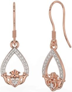 Diamond Rose Gold Claddagh Dangle Earrings