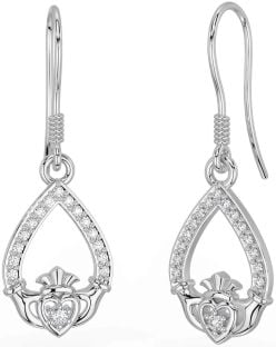 Diamond Silver Claddagh Dangle Earrings