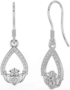 Diamond Silver Claddagh Dangle Earrings