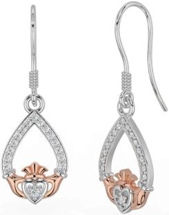 Diamond White Rose Gold Claddagh Dangle Earrings