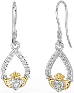 Diamond White Yellow Gold Claddagh Dangle Earrings