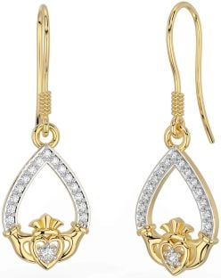 Diamond Gold Claddagh Dangle Earrings