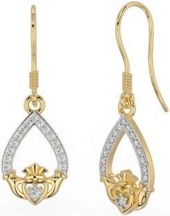 Diamond Gold Claddagh Dangle Earrings