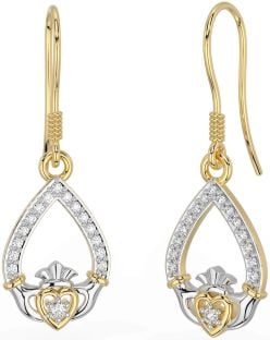 Diamond Gold Silver Claddagh Dangle Earrings