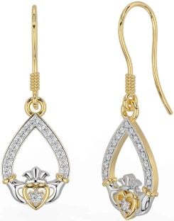 Diamond Gold Silver Claddagh Dangle Earrings