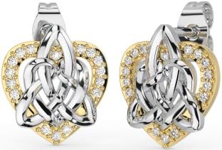 Diamant Blanc Jaune Or celtique Trinité Noeud Cœur Goujon Des boucles d'oreilles