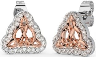 Diamond Rose Gold Silver Celtic Trinity Knot Stud Earrings