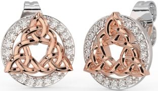 Diamond Rose Gold Silver Celtic Trinity Knot Stud Earrings