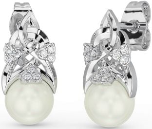 Diamante Blanco Oro céltico Trinidad Nudo Perla Colgar Pendientes