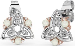 Diamond Rose Gold Silver Celtic Trinity Knot Pearl Stud Earrings