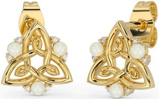 Diamond Gold Silver Celtic Trinity Knot Pearl Stud Earrings