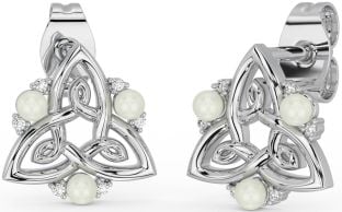 Diamond Silver Celtic Trinity Knot Pearl Stud Earrings