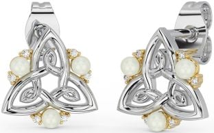 Diamant Blanc Jaune Or celtique Trinité Noeud perle Goujon Des boucles d'oreilles