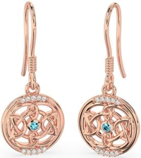 Diamond Aquamarine Rose Gold Silver Celtic Dangle Earrings