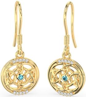 Diamond Aquamarine Gold Silver Celtic Dangle Earrings