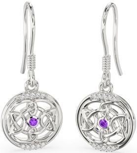 Diamond Amethyst Silver Celtic Dangle Earrings