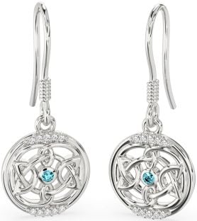 Diamond Aquamarine Silver Celtic Dangle Earrings