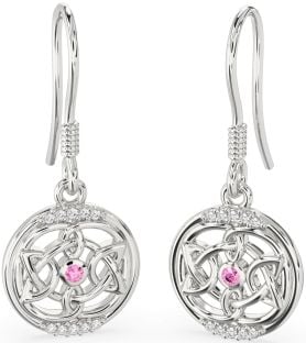 Diamond Pink Tourmaline Silver Celtic Dangle Earrings