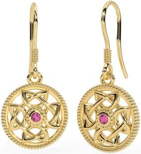 Pink Tourmaline Gold Silver Celtic Dangle Earrings