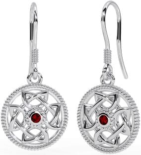 Garnet White Gold Celtic Dangle Earrings