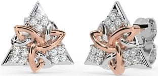 Diamond Rose Gold Silver Celtic Trinity Knot Stud Earrings