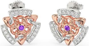 Diamond Amethyst Rose Gold Silver Celtic Stud Earrings