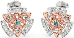 Diamond Aquamarine Rose Gold Silver Celtic Stud Earrings