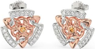 Diamond Citrine Rose Gold Silver Celtic Stud Earrings