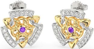 Diamond Amethyst Gold Silver Celtic Stud Earrings