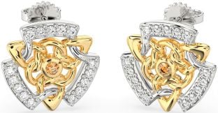 Diamond Citrine Gold Silver Celtic Stud Earrings