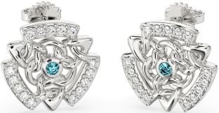 Diamond Aquamarine Silver Celtic Stud Earrings