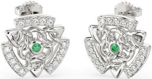 Diamond Emerald Silver Celtic Stud Earrings