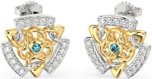 Diamond Aquamarine White Yellow Gold Celtic Stud Earrings